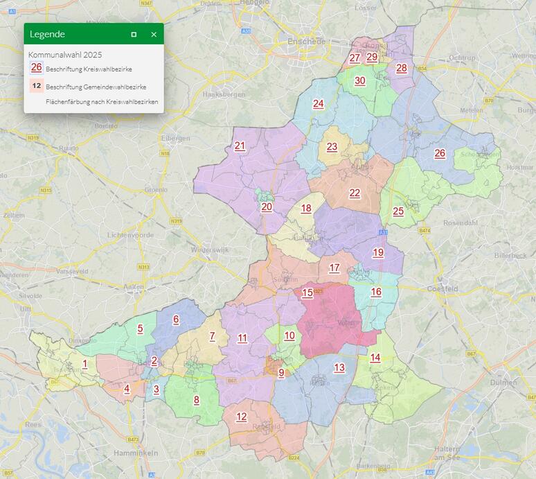 Im interaktiven Geodatenatlas des Kreises Borken können sich Interessierte anzeigen lassen, welche Kandidatinnen und Kandidaten von welchen Parteien/Wählergruppen im eigenen Kreiswahlbezirk für den Kreistag zur Wahl stehen.